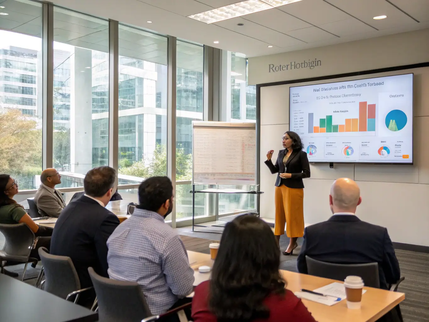 A photograph capturing a keynote speaker passionately delivering insights on stage at the FinTech conference, with a focused audience in the foreground.